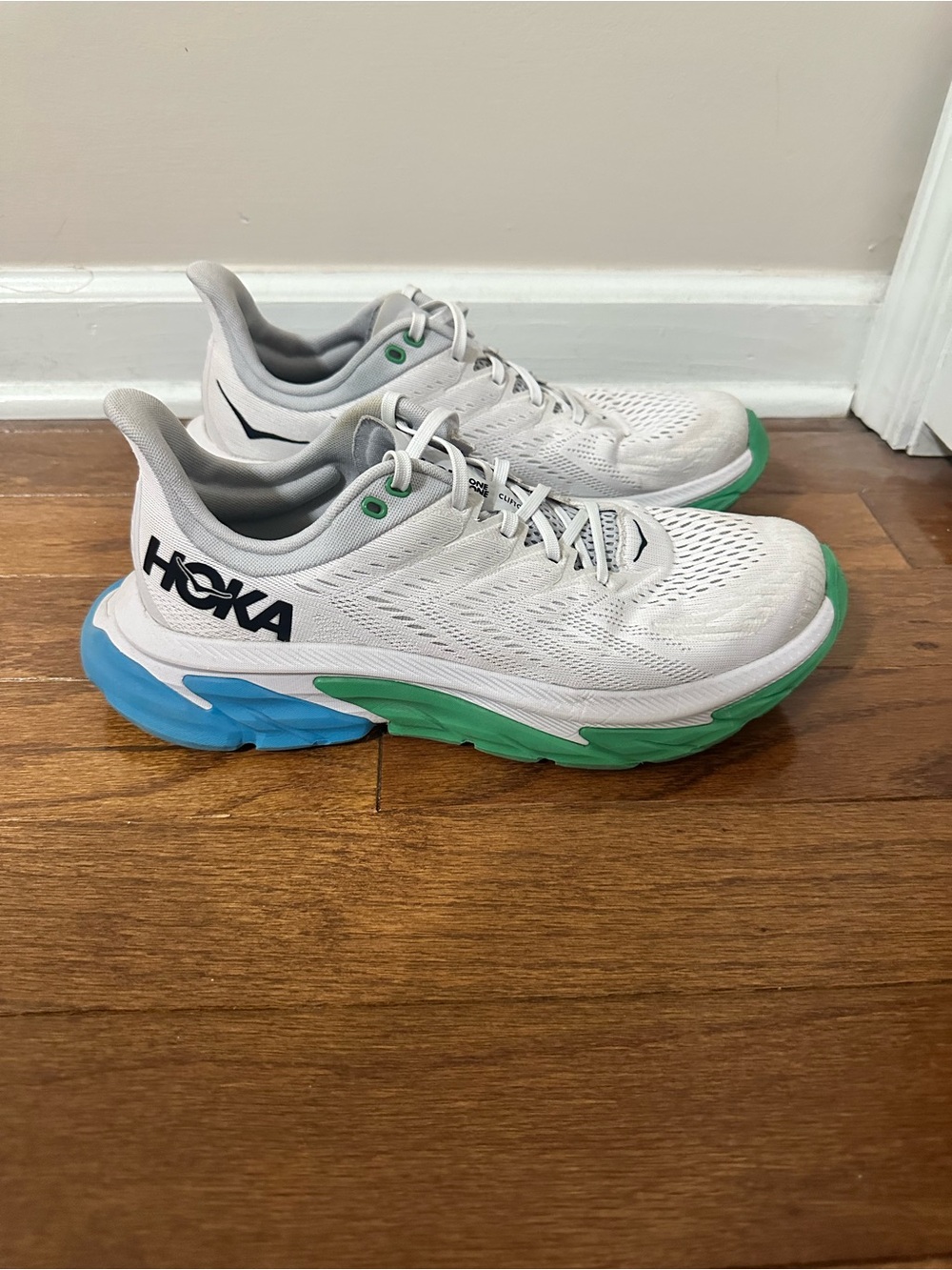 Hoka Clifton Edge Women's White Running Shoes with Blue & Green Sole